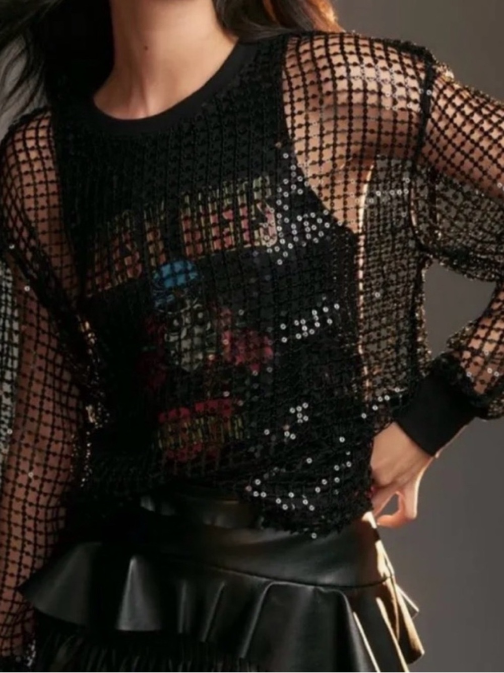 Anthropologie Pilcro LS Sequin Net Shine Top w/Attached Guns and Roses Tank S